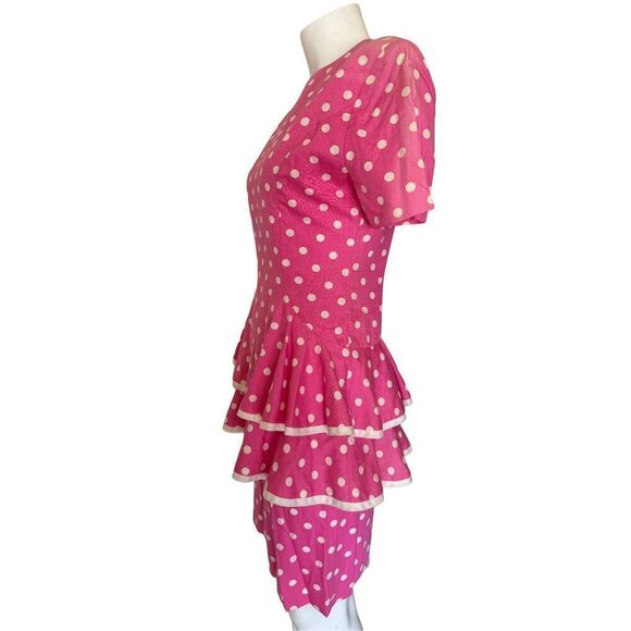 women’s XS hot pink white polka dot skirt set vintage 80s peplum blouse mini pen - Picture 2 of 7